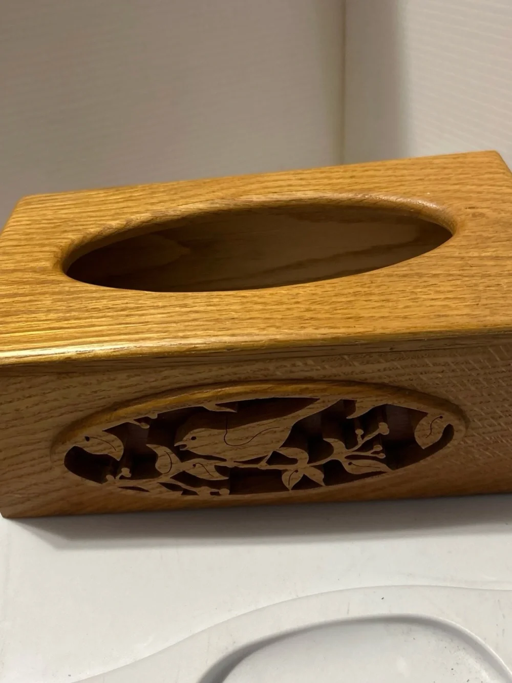 Carved Wooden Tissue Box Cover in Oak Finish